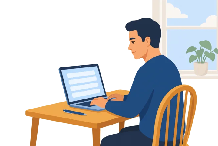 A man sits at a table by a window, taking a test on a laptop.